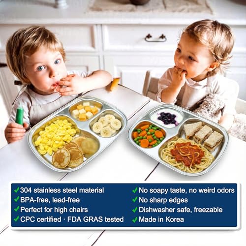 Korean Stainless Steel Divided Plates for Toddlers, Kids, Babies, Premium 304, Electro-Polished, No Black Residue, BPA-Free, 3-Compartment Plate, Food Tray for Camping, Balanced Meals, Set of 2 - size: 3 Compartments