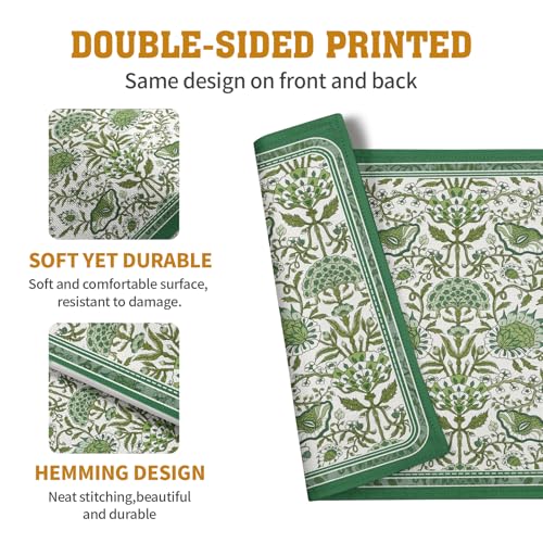 Green Floral Boho Placemats Set of 4, 12x18 Inch Vintage Chinoiserie Block Print Place Mats Seasonal Spring Summer Rustic Farmhouse Table Mats for Party Kitchen Dining Outdoor Indoor Decor - color: Boho Floral Green