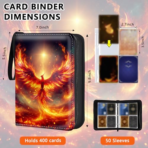 4 Pocket Trading Card Binder, Holds 400 Cards, Zipper Binder - color: Fire Phoenix