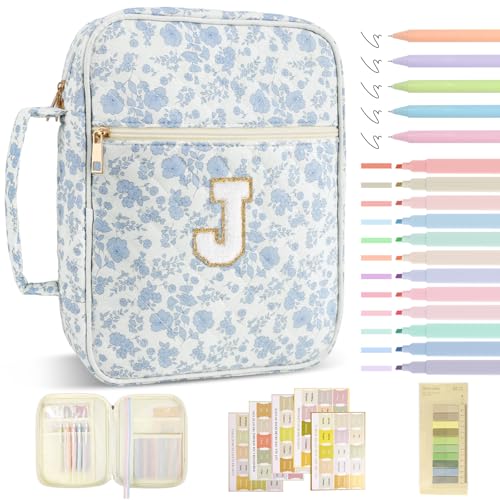 Personalized Initial Bible Cover Case for Women Girls Kid - Large Quilted Bible Case with Handle,Chenille Letter Bag Study Supplies,Christmas Gifts for Christians Birthday Graduation(Blue Flower-J) - color: Blue Flower, size: letter-J