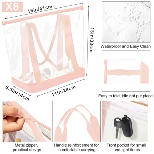 Reginary 8 Pcs Clear Tote Bags Shoulder Handbag Security Approved See Through Bag with Zipper Closure for Sport Event Travel - color: Pink