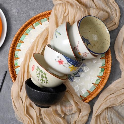 Retro Ceramic Bowls Set for 6, 4.5 Inch Japanese Chinese Bowl Small Hand-Painted Floral Plum Ceramic Bowls for Soup Rice Cereal Dessert Snack Fruit Salad Noodles, Dishwasher Microwave Safe