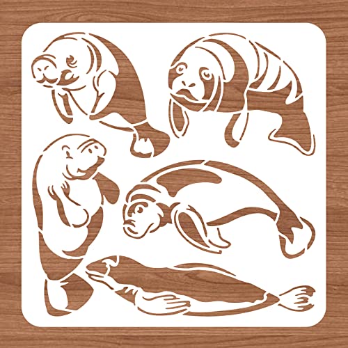 BENECREAT Manatee Plastic Stencil, 12x12" Animal Themed Reusable Drawing Painting Templates for Diary Scrapbook DIY Craft, Wall Floor Decoration - color: Manatee