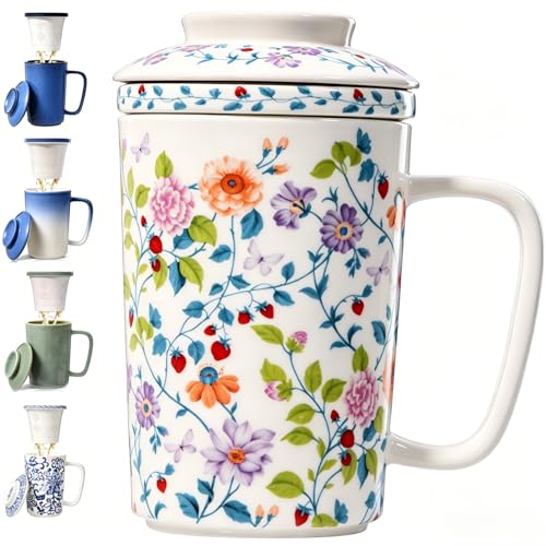 Ceramic Tea Mug with Infuser and Lid,16oz Floral Loose Leaf Tea Cup - color: Vibrant Floral