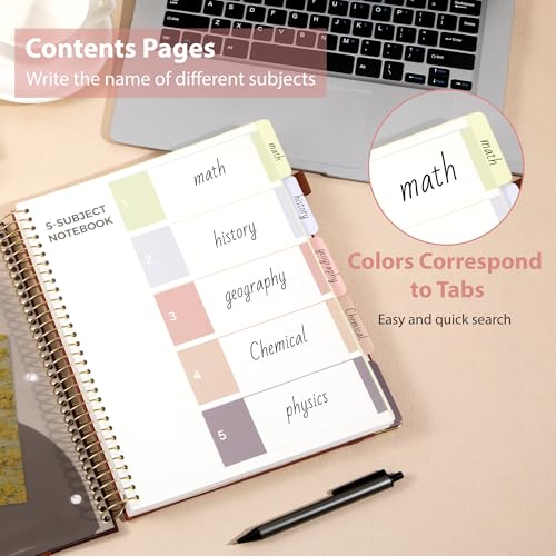 Yoment Hardcover Spiral Notebook 8.5" x 11" 5 Subject Notebook with Tabs - color: Pink