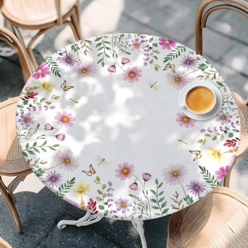Round Fitted Tablecloth, Spring Summer Flowers Leaves Farmhouse Floral Wildflowers Pink Purple Waterproof Table Cloth Table Cover with Elastic Edged for Outdoor Parties, Fits Tables up to 55" - 60"