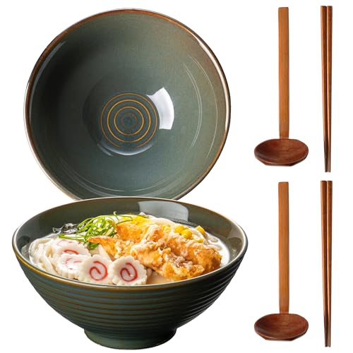 8 Inch 40oz Large Japanese Ramen Bowl Set of 2,Material Safety Ceramic Ramen Bowls with Matching Chopsticks and Spoons, Pho Bowls Ramen Noodle Bowl for Asian Udon Soup Salad Cereal(Retro Cyan) - color: Retro Cyan