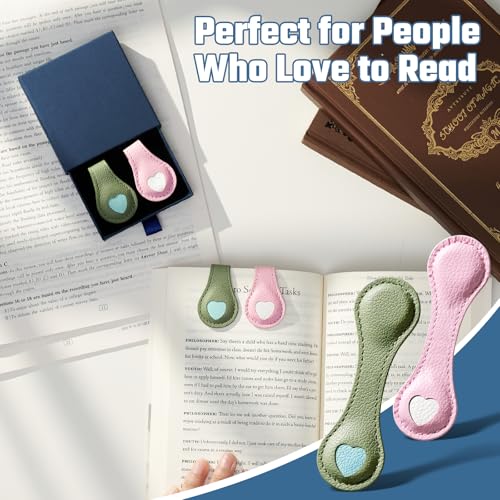 Ovesmusl 2Pcs PU Leather Heart Magnetic Bookmarks with Pen Holder - style: Heart (Pink+Green)