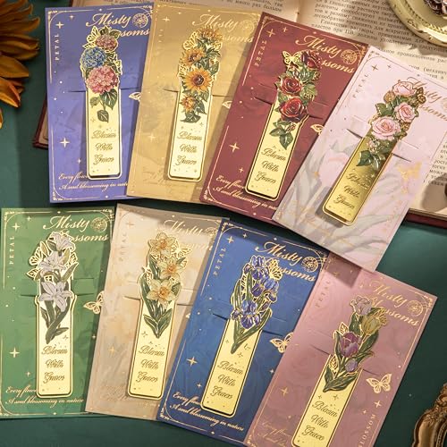 8 Pieces Metal Clip Bookmarks, Golden Hollow Floral Bookmark Monet Oil Painting Theme Book Mark Birthday Funny Art Gifts for Women Book Lovers Writers Readers Children Teens Men - style: 8Pcs Flower Clip