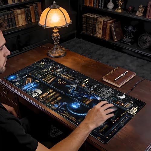 Dark Magic Desk Mat Large Mouse Pad Gaming Extended Mouse Mat, Blue Dragon Computer Keyboard Mat, Big Desk Pad Full Desktop Pad XXL, Anime Office Decor Personalized Desk Accessories 31.5x15.7 Inch - color: Fantasy Spellbook Library