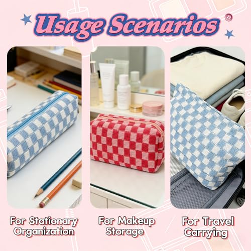 3 Pieces Checkered Makeup Bag Set, Pink Cosmetic Bags for Women, Large Medium Small Portable Travel Toiletry Bag, Cute Zipper Pouch Organizer for Purse, Skincare, Cosmetics, Stationery - color: 3 pcs Pink