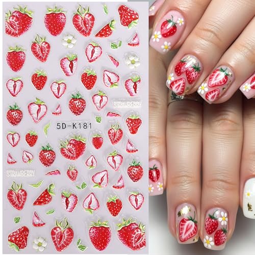 5D Embossed Fruit Nail Art Stickers 6PCS Self-Adhesive Nail Decals Orange Lemon Strawberry Cherry Watermelon Leaves Flowers Design Summer DIY Manicure Decorations Nail Accessories for Women - style: 5D Fruit Styles