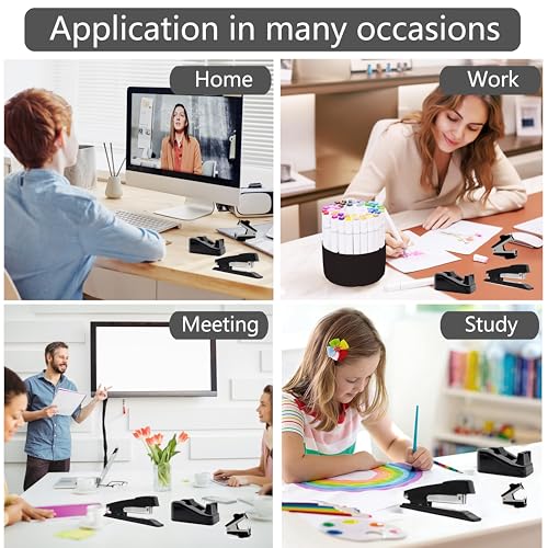 Dimonluce Office Desk Accessories, Black Office Supplies Accessories with Tape Dispenser, Stapler, Staple Remover, 1000 Staples, Tape, Clips Set, Ruler, Scissor, Pen - color: Black