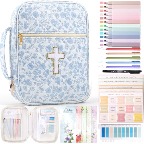 XKDOUS Bible Cover Case for Women Bible Bag Journaling Kit w/Study Supplies - color: Blue Rose With Cross, size: Large