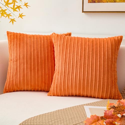Kevin Textile Striped Corduroy 16”x16” Pillow Covers 2 Pack, Orange - color: Orange, size: 16" x 16" (Pack of 2)