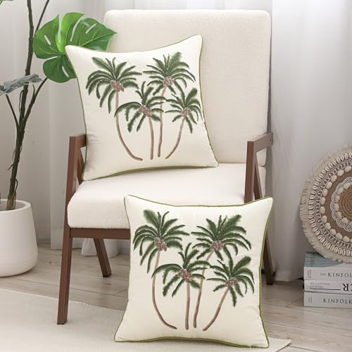Embroidered Throw Pillow Covers 18x18 Pack of 2 Green Coconut Trees - color: Green Coconut Palm Trees