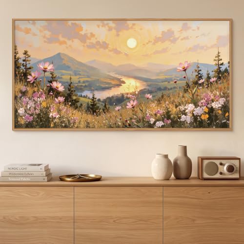 LHIUEM Large Boho Sunset Wildflower Framed Canvas Wall Art,Nature Pink Flower Wall Decor,Blossom Botanical Mountain Landscape Artwork for Living Room,Bedroom,Dining Room,Office-20 x40 x1 - color: Boho Sunset Wildflower Wall Art, size: 40"L x 20"W