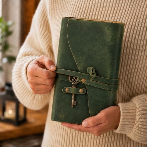 NomadCraftsCo Vintage Leather Journal, Handmade Deckle Edge Paper 240 Pages - color: Green, size: 9" x 6"