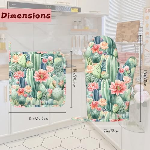 Cactus Flower Succulent Plant Heat-Resistant Silicone Oven Mitts and Pot Holder 4 Piece Set,Non-Slip Kitchen Oven Gloves for Baking, BBQ, Cooking,Grilling - color: Cactus Flower Succulent Plant