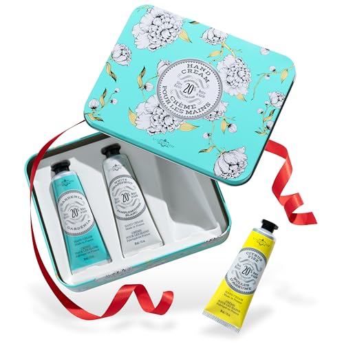 La Chatelaine Hand Cream Trio Tin Gift Set, Natural Hand Lotion, Made in France with 20% Organic Shea Butter, Moisturizing (Gardenia, White Grapefruit, Citrus Fizz) 3 x 1 fl. - style: Robin Egg Blue