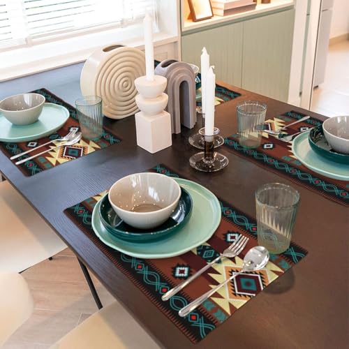 Southwetsern Placemats Rectangle Linen Table Placemet Set of 4 - color: Teal Brown, size: Set of 4