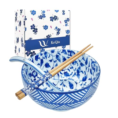 28Oz Ceramic Ramen Noodle Pho Bowl Set with Chopstick&Spoon&Gift box - size: 6in Floral Striped Pattern