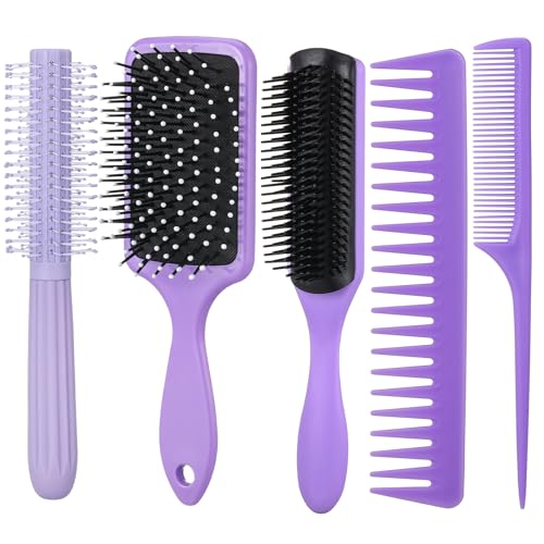 5Pcs Hair Brush Set for Women Hair Comb Detangler Brush for Men and Women Wet, Dry, Curly and Straight Hair - color: Purple