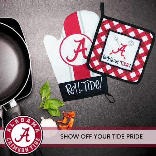 University of Alabama Crimson Tide Hot Mitt and Pot Holder Set by Magnolia Lane-Oven Glove and Oven Mitt for Cooking, BBQ-Ideal Gift for Students,Alumni and Everyday Fan-Show Your SEC NCAA Team Spirit