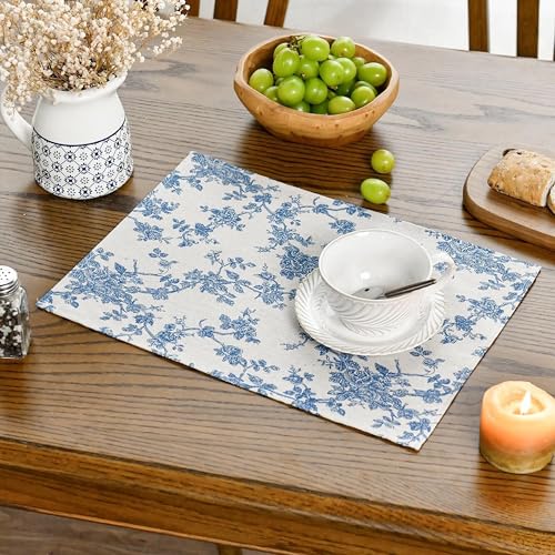 Pastoral 100% Polyester Fabric Placemats for Dining Table Set of 6 - color: A - Floral (Dark Blue), size: 13" x 19" (Rectangular)