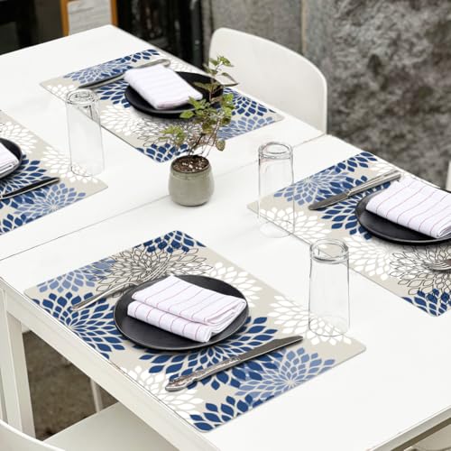 Peacoblue Placemats Set of 4,Faux Leather Blue Dahlia Flowers Design - style: Blue Dahlia Flowers