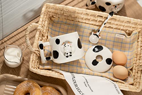 DIHOclub Adorable 3D Ceramic Cow Mug with Lid and Spoon - Perfect for Coffee, Tea, Milk, and More - Ideal Gift for Animal Lovers Gift for Mather- 14 Ounces(BLack white) - color: BLack white