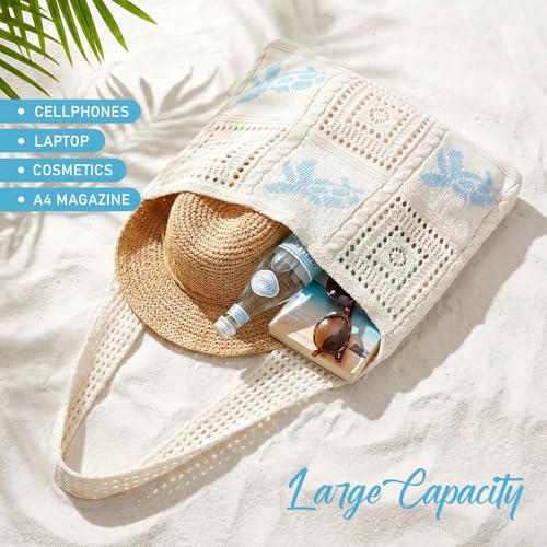 hatisan Crochet Bag for Women, Handmade Knit Beach Tote Bag Summer - color: Blue Turtle