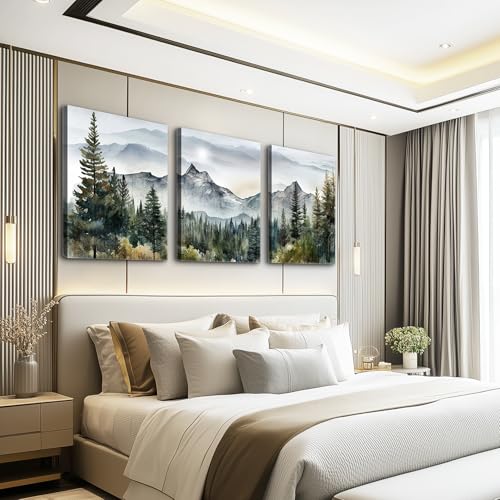 MHARTK66 3 Piece Framed Canvas Art Prints Wall Art for Living Room Modern Wall Decor for Bedroom Office Decor Abstract Mountain Forest Landscapes Ink Painting Ready to Hang Wall Pictures Home Decor - color: Forest Landscape Painting, size: 16x24inches*3pc