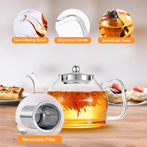STNTUS Glass Teapot, 52 oz/1500 ml for Loose Tea, Teapot with Infusers for Loose Tea, Stainless Steel Strainer, Tea Pot for Stove - size: 1500ml/52oz