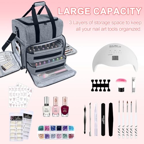 ALSLEA Nail Polish Organizer 3 Layers Holds 70 Bottles (15ml - 0.5 fl.oz) Portable Gel Nail Kit Organizer Case for Nail Lamp Travel Nail Supplies Bag with 2 Removable Nail Polish Holder Pouches (Gray) - color: Gray, size: 70 slots