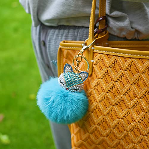 Faux Rabbit Fur Pom Pom Keychain with Fox Head - color: Bright Blue