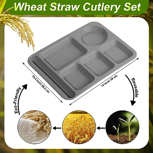 Pinkunn 12 Pcs 14'' Large Divided Plates Unbreakable Wheat Straw Lunch Trays 6 Compartments Cafeteria Trays Microwave Dishwasher Safe Food Separator Plates (Black, Dark Gray, Beige) - color: Black, Dark Gray, Beige