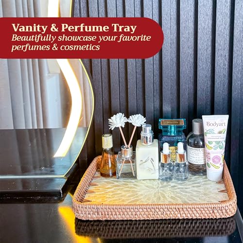 Rattan Rectangle Tray with Mother of Pearl Inlay – Unique Decorative Rattan Serving Tray for Coffee Table, Bathroom Vanity, Perfume & Nightstand – Ideals for Housewarming (White 11.8") - color: White 11.8"