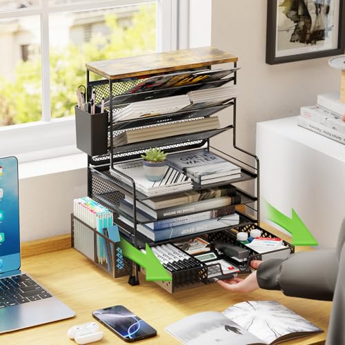 Ekisemio 8 Tier Desk File Organizer with Sliding Drawer, Desktop Organizers and Accessories, Letter Size File Organizer for Desk, Black