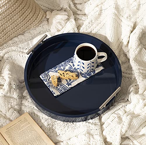 Kate And Laurel Lipton Modern Round Tray; 15.5 Diameter; Navy and Silver; Decorative Accent Tray for Storage and Display - color: Navy Blue/Silver, size: 15.5"