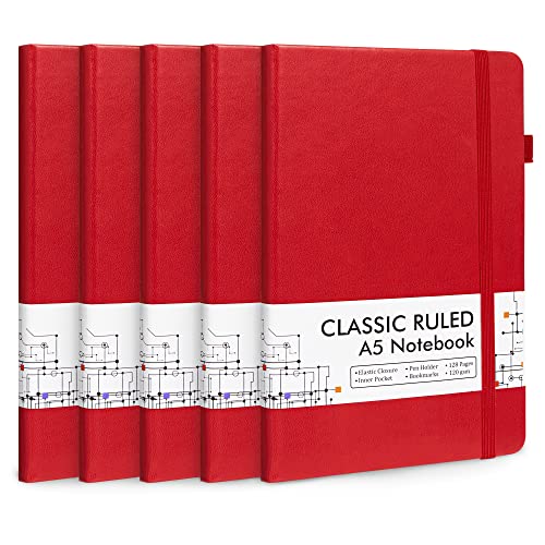 5 Pack Journal Notebook Bulk for School, Feela Hardcover Business Notebooks Classic Ruled Lined Journals with Pen Holder for Work Note Taking, with 5 Black Pens, 120 GSM, 5.1”x8.3”, A5, Red - color: 5 Pack red