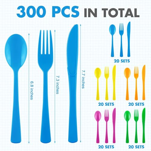 Kochorie 300 Pieces Rainbow Plastic Silverware Disposable Colorful Utensils - color: Rainbow