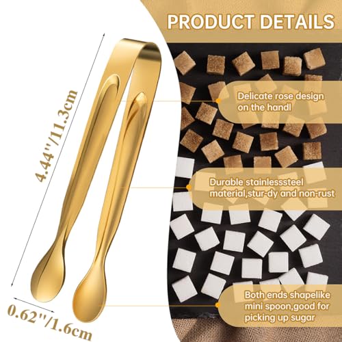 6PCS Mini Small Tiny Tongs, 4.4Inch Stainless Steel Small Tongs for Serving Food, Durable Kitchen Metal Tongs for Ice, Salad, Toaster, Desserts, Appetizers and Charcuterie Board (6 Pack, Gold)
