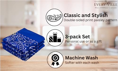 Every-ville Cotton Bandana Handkerchief for Men & Women, 3 Pack - color: Royal Blue
