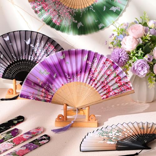 Zonon 4 Pack Hand Held Folding Fans for Women Silk,Forest Butterfly - style: Forest Butterfly