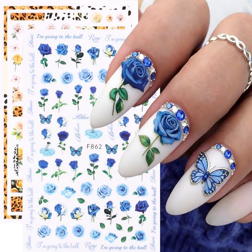 Rose Flower Nail Stickers Decals 12 PCS Romantic Red Pink Rose Nail Art Stickers 3D Self-Adhesive Floral Blossom DIY Designs for Valentine's Day Manicure Decoration Nails Supplies Accessories - style: Rose Flower Style