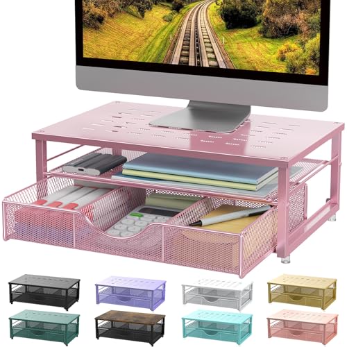 gianotter Computer Monitor Stand Riser with Drawer - color: Pink, size: 14.1L x 9.64W x 5.9H Inch