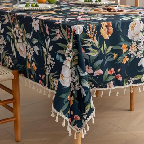 Handblock Print Tablecloth for Square Tables, Navy Blue Table Cover with Fringed Edges, Decorative Tablecloth for Kitchen and Dining Room,59"x 70" - color: Navy Blue, size: 70" x 59" (Rectangular)