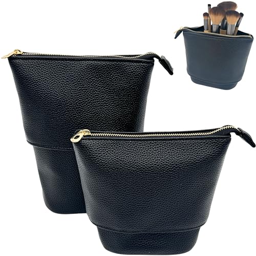 JAZD Convertible Travel Makeup Brush Bag, Stand-Up Brush Holder Pouch For Easy Access, Cosmetic Case Organizer (BLACK) - color: BLACK