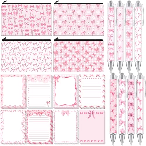 Eaasty 20 Pieces Pink Bow Gift Set Bowknot Sticky Notes with Pens, Pencil Bags Makeup Bags, 3 x 4 Inches Animals Note Pads, Funny 1.0 mm Ballpoint Pens, Office Pink Bow Party Supplies for Women - style: Pink Bow